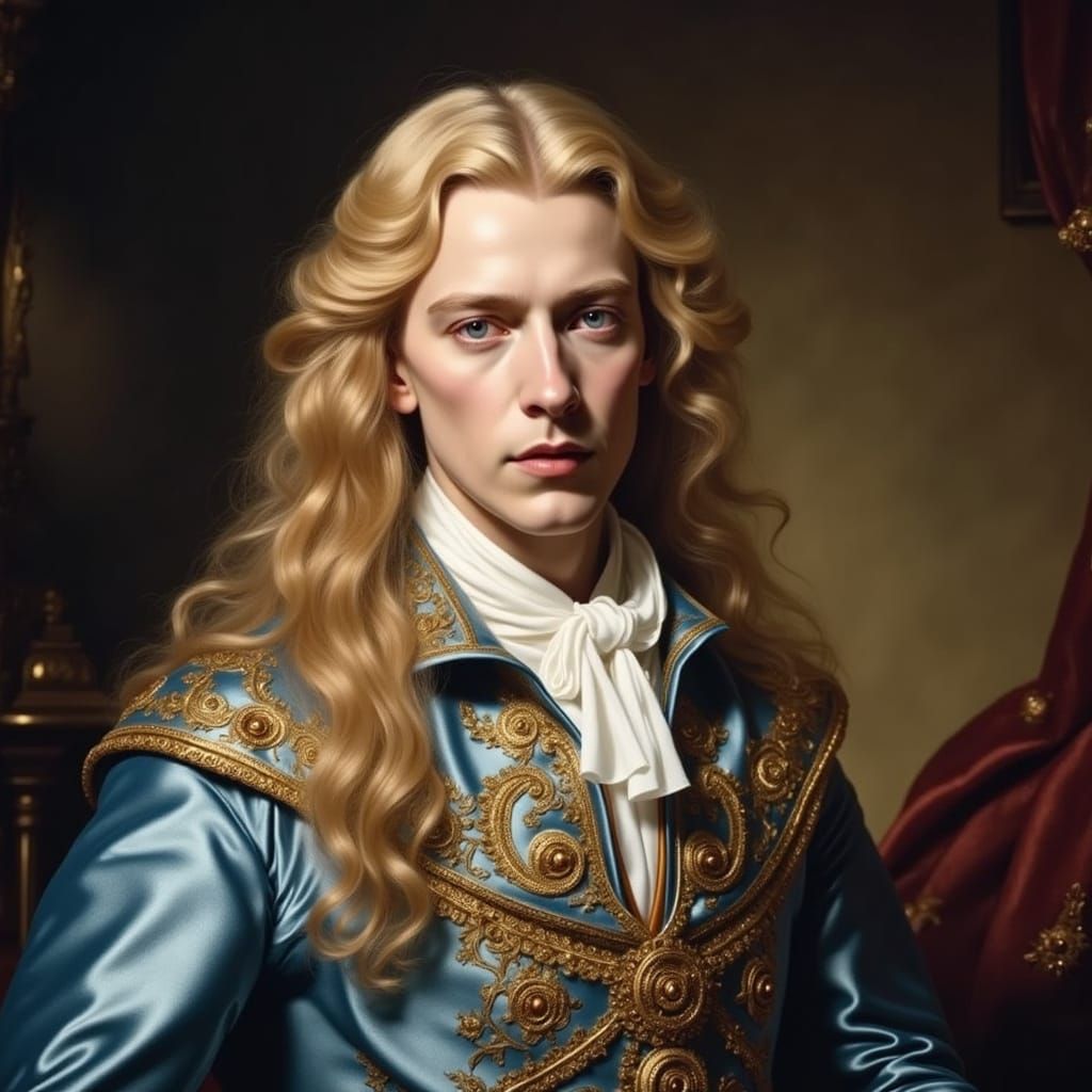 Elegant Prince in 1730 French Attire, Blending Golden Accent...