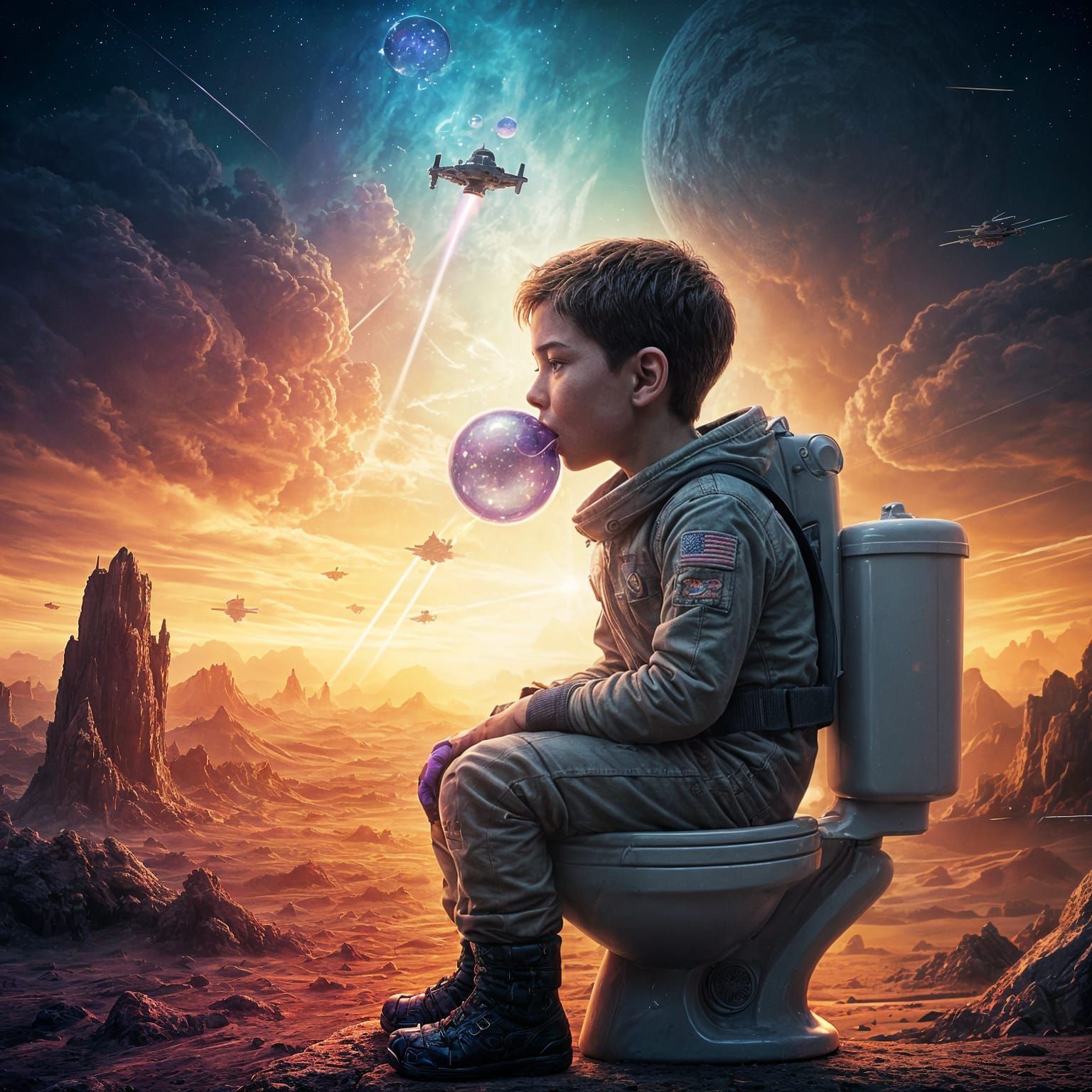 Boy in Alien Landscape Blows Purple Gum Bubble as Spaceships...