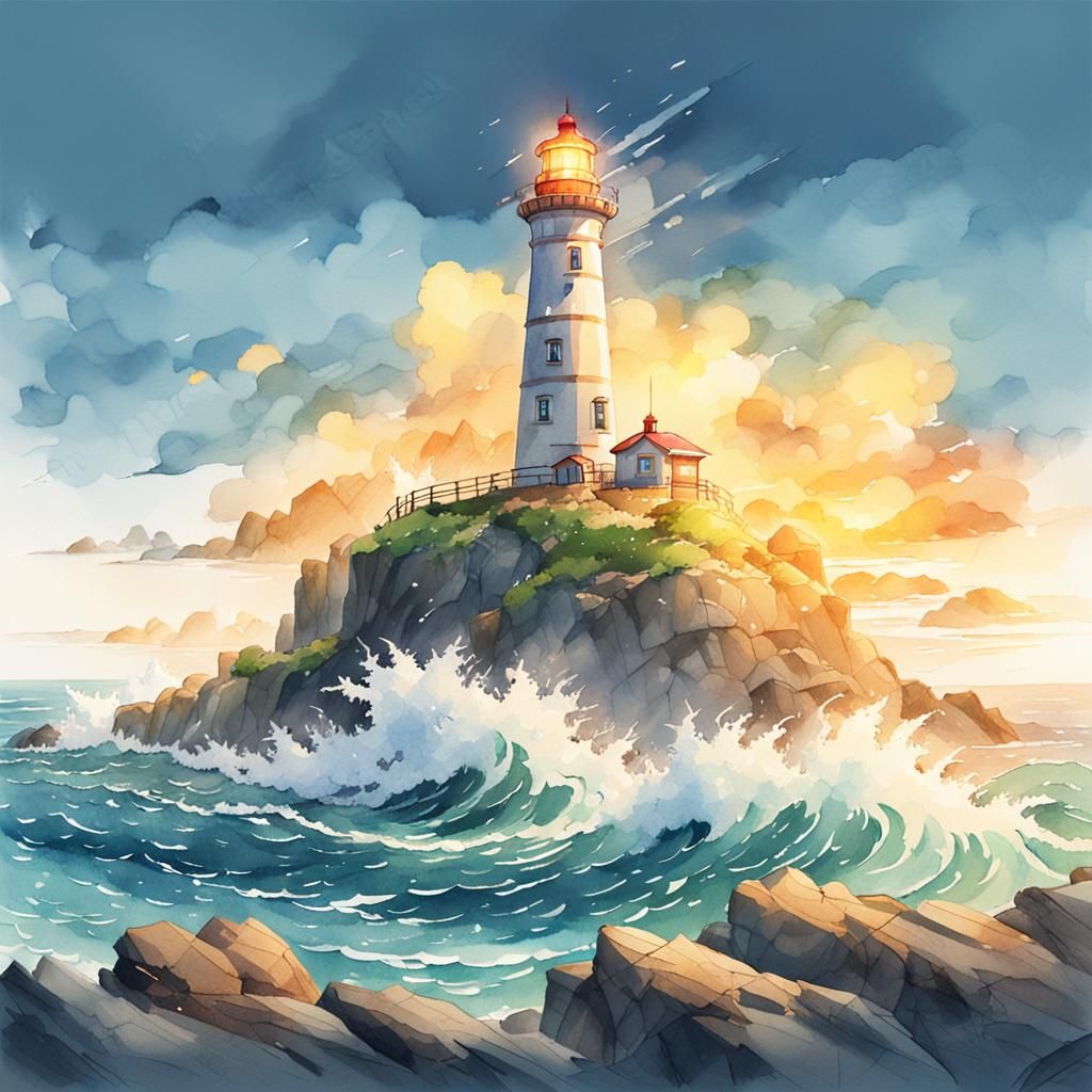 Anime-Inspired Lighthouse Watercolor on Rocky Island