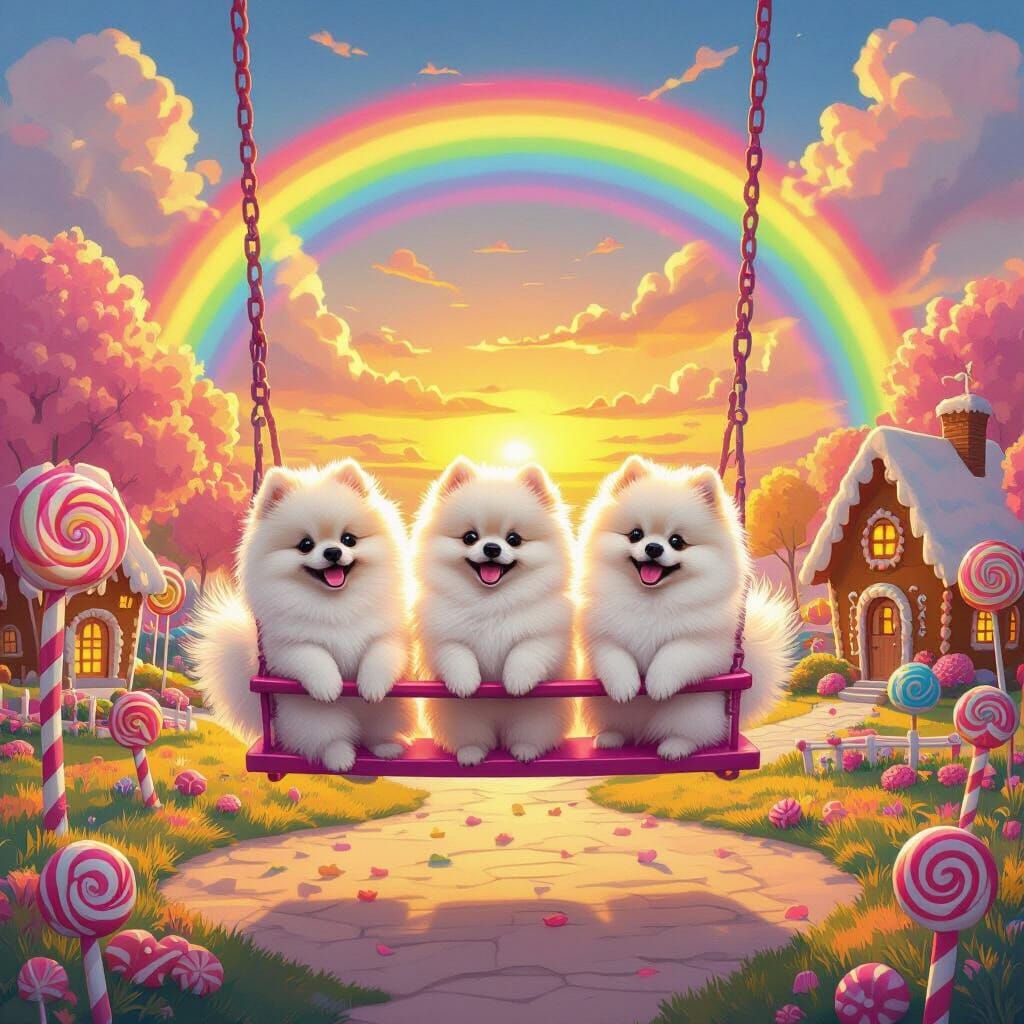 Fluffy Pomeranians on Candy Land Swing Set at Sunset