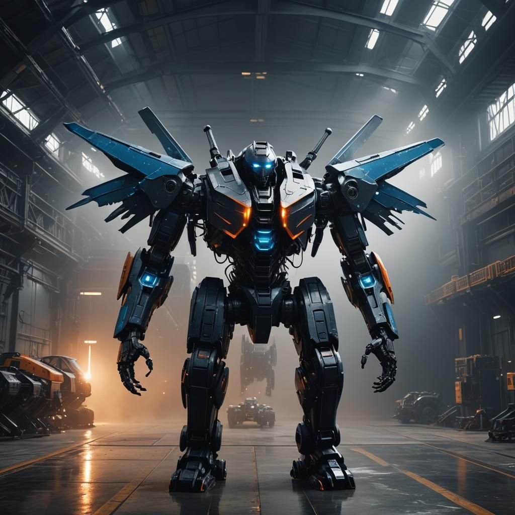 Winged Military Robot Exoskeleton in Dark Hangar
