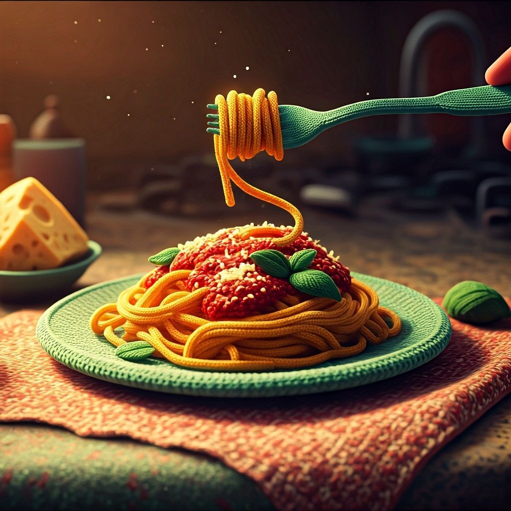 Knitted Yarn Pasta Dish in Digital Art Style