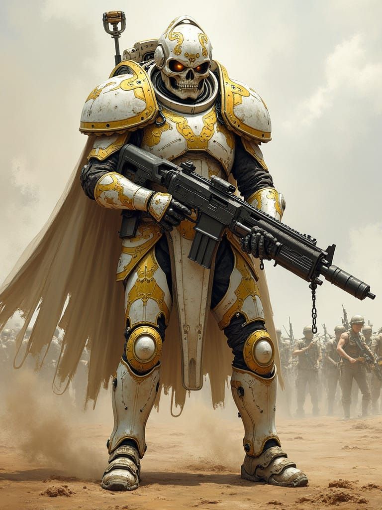 A techno-futuristic sci-fi soldier in layered skullpunk armo...