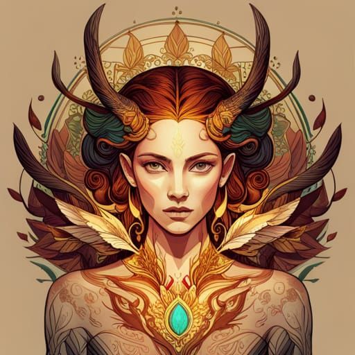 Antelope Goddess with Golden Outlines, Digital Painting