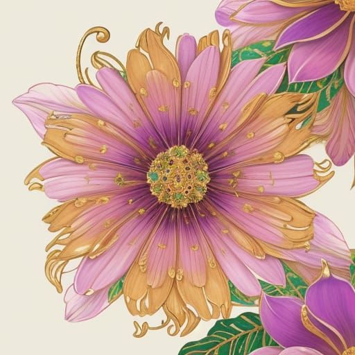 Exotic Flower in Hidden Garden, Klimt Style Oil Painting