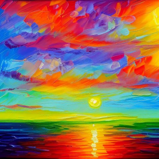 Colorful Rainbow Sunset in Impasto Style