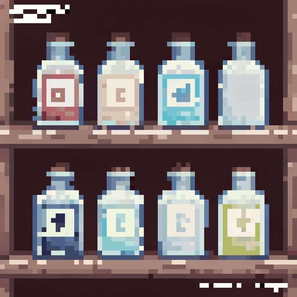 Pixel Art Apothecary Shelf with Glowing Potion Bottles