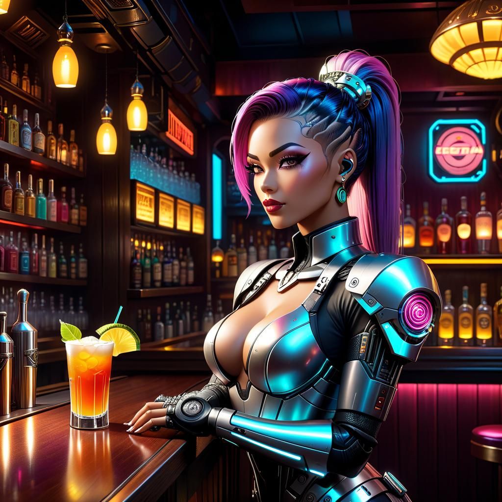 Cyborg Bartender in Cyberpunk Style at Cozy Bar