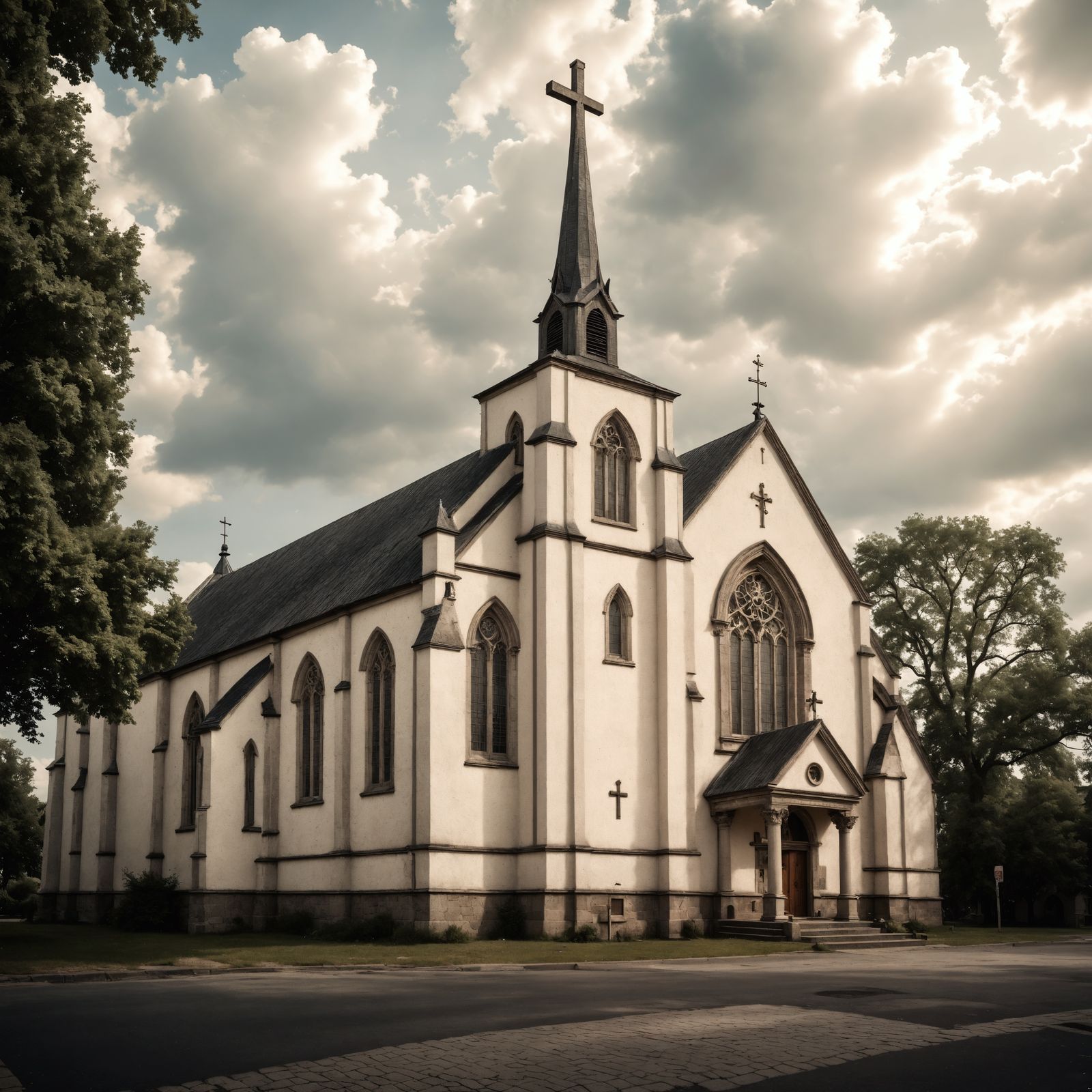 Small Town Church with Cross in Hyperrealistic Style