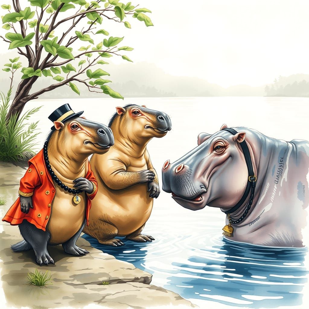 Capybaras and Hippos Meet, Ink Painting Style