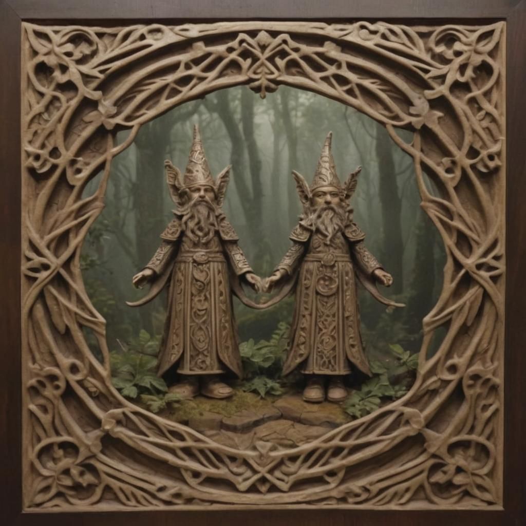 Giger-Style Gnomes Dancing in Forest Wood Relief