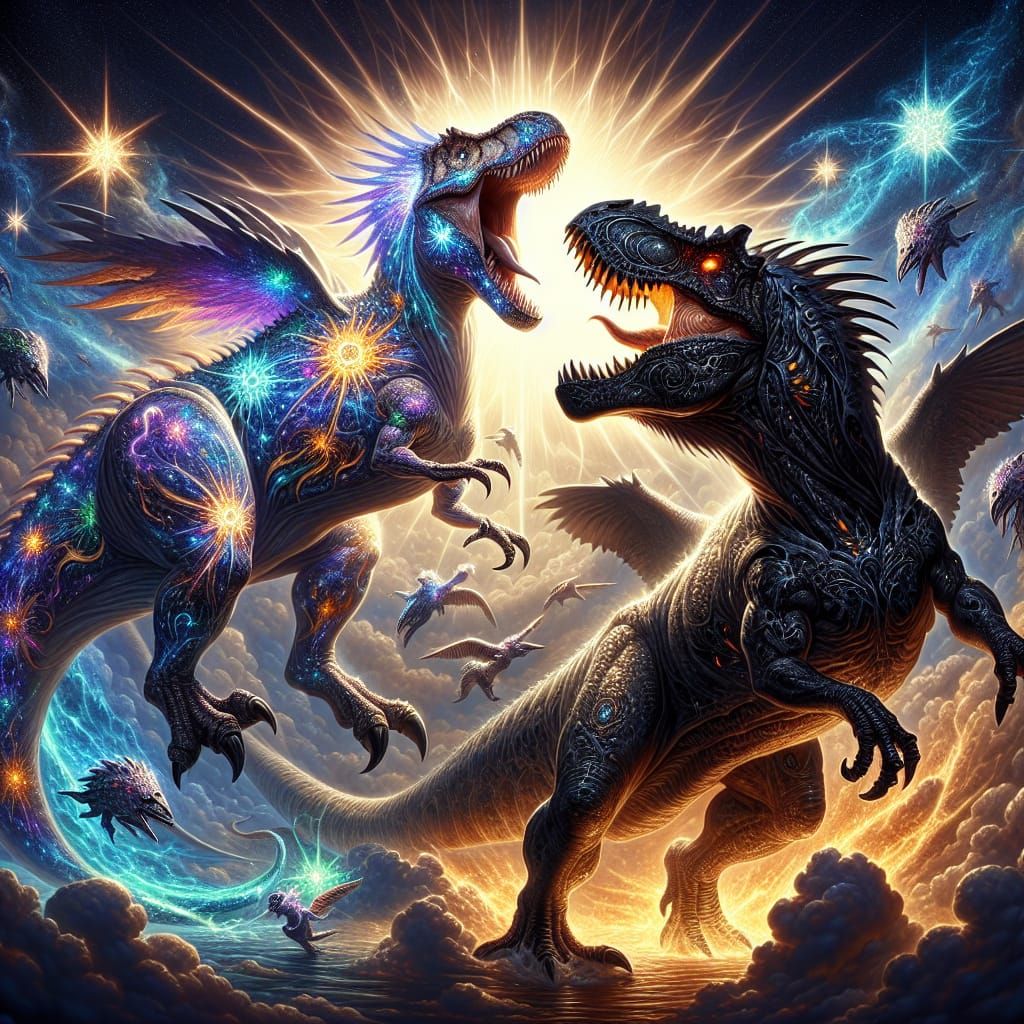 Cosmic T-Rex Battle: Divine vs. Malevolent in Detailed Matte...