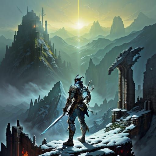 Epic Fantasy Warrior Triumphs in Ancient Ruins Landscape