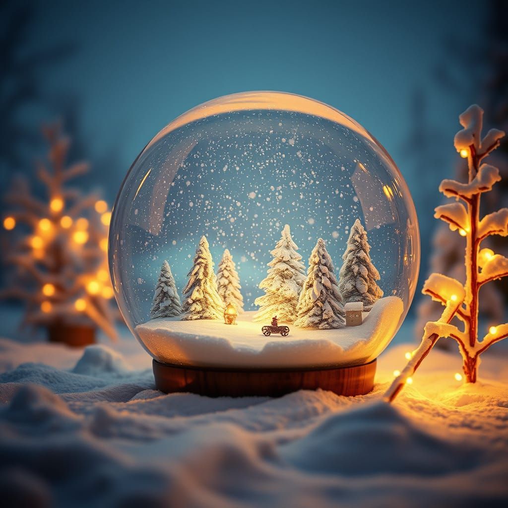 Cinematic Snow Globe Christmas Scene in Film Grain