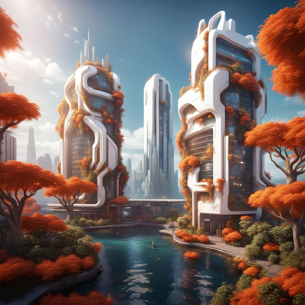 Futuristic City with Artificial Trees, Detailed Matte Painti...