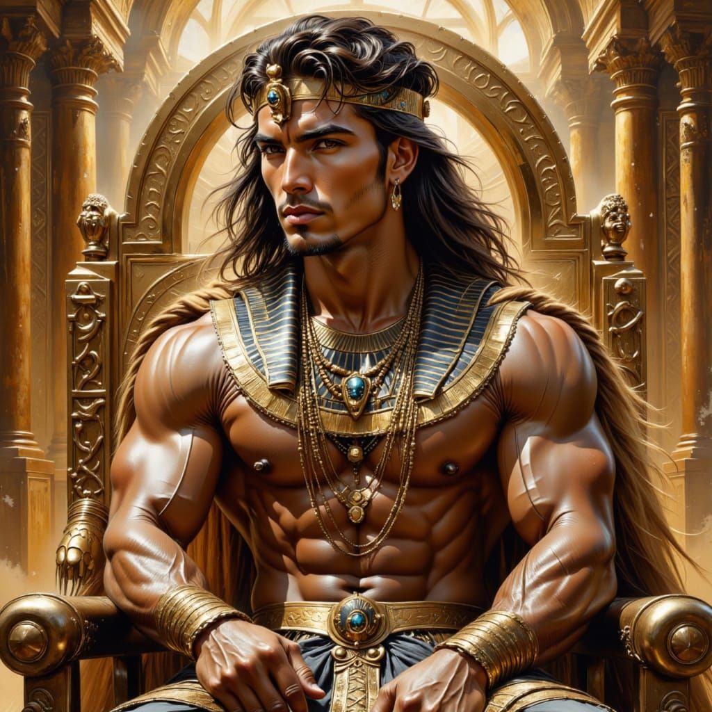 Hyperrealistic Pharaoh on Golden Throne in Ancient Palace