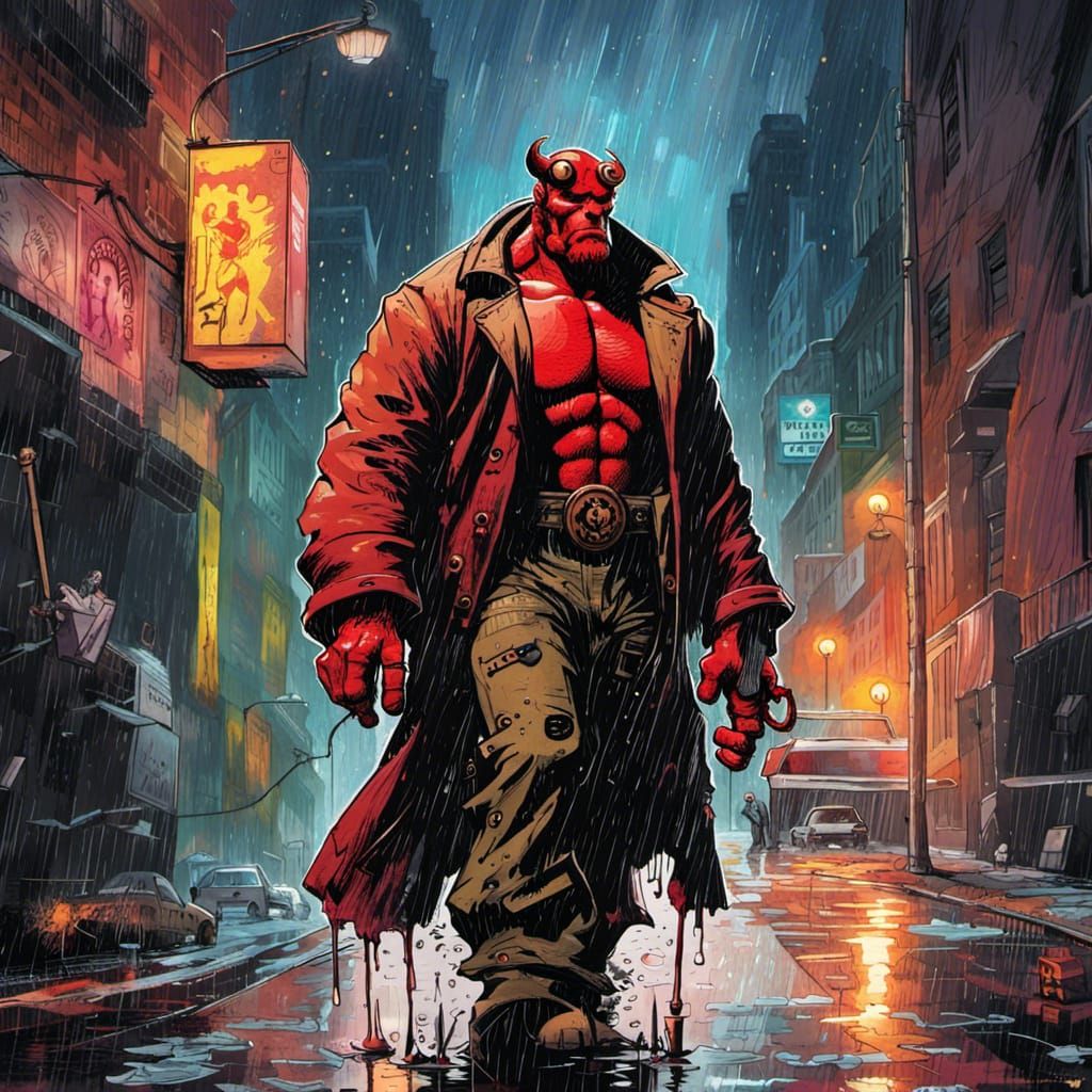 Hellboy in Rainy Graffiti Street Art