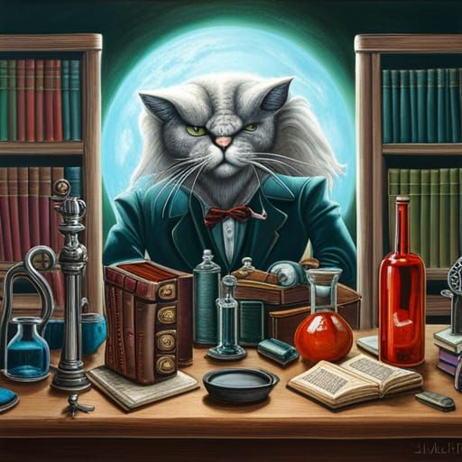 Victorian Cat Scientist in Laboratory, Hyperrealistic Detail