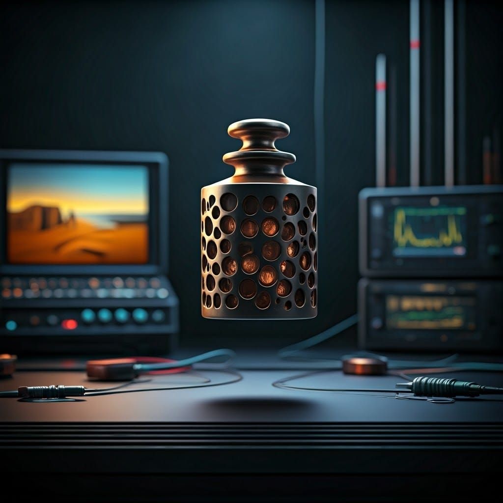 Levitating Metallic Weight in a High Tech Surrealist Scene