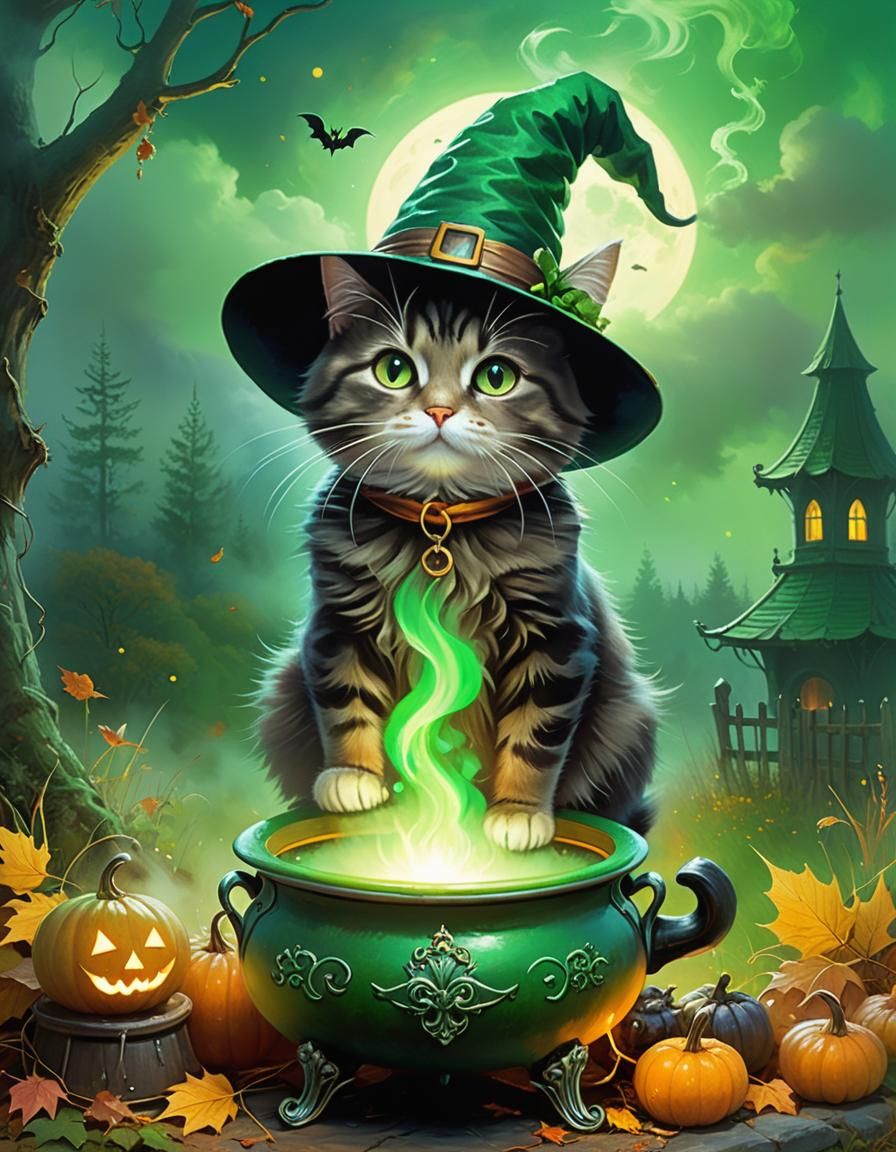 Kawaii Cat Witch Brewing Potion in Autumn