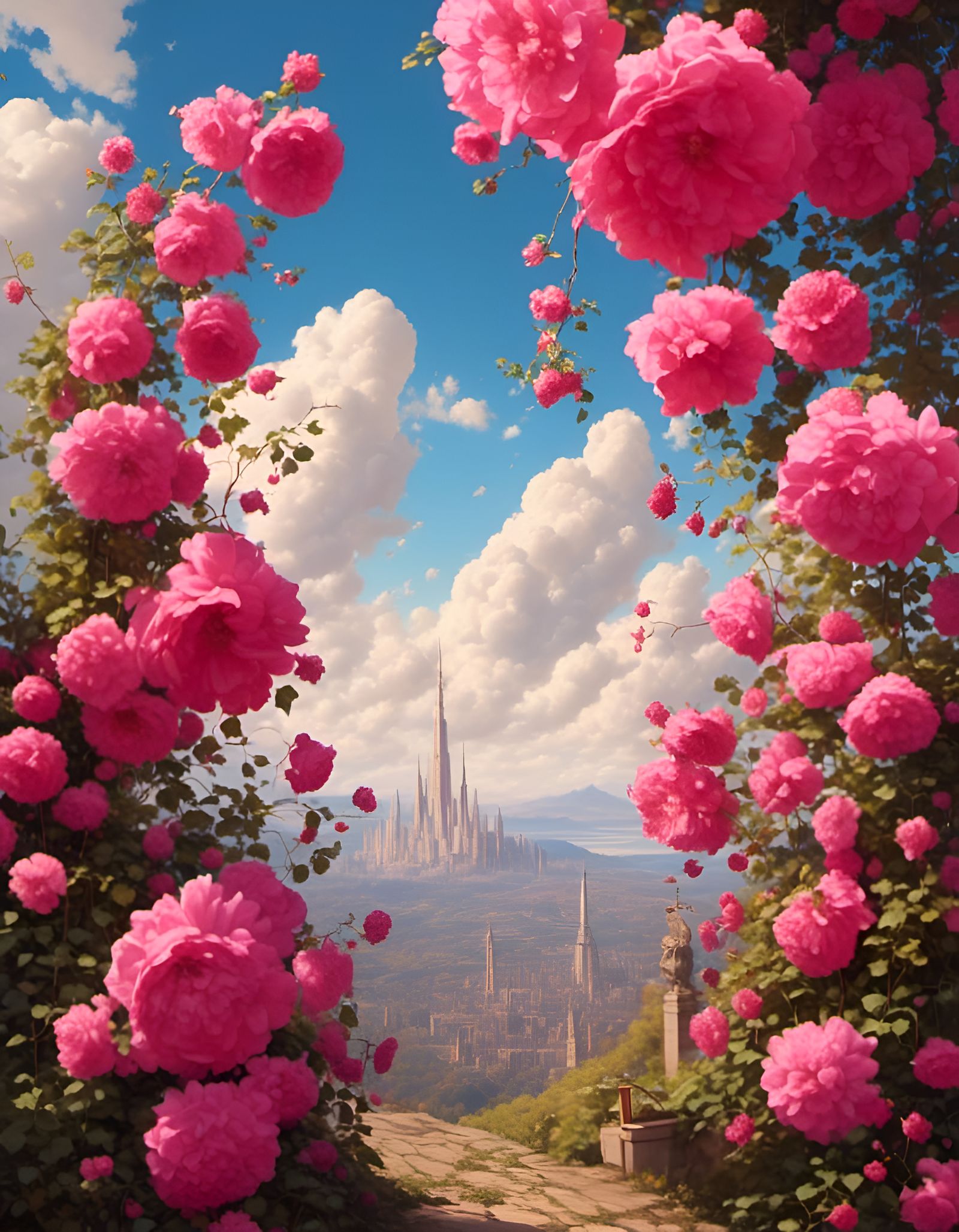 Hollyhocks in the Sky in Japanese Art Style