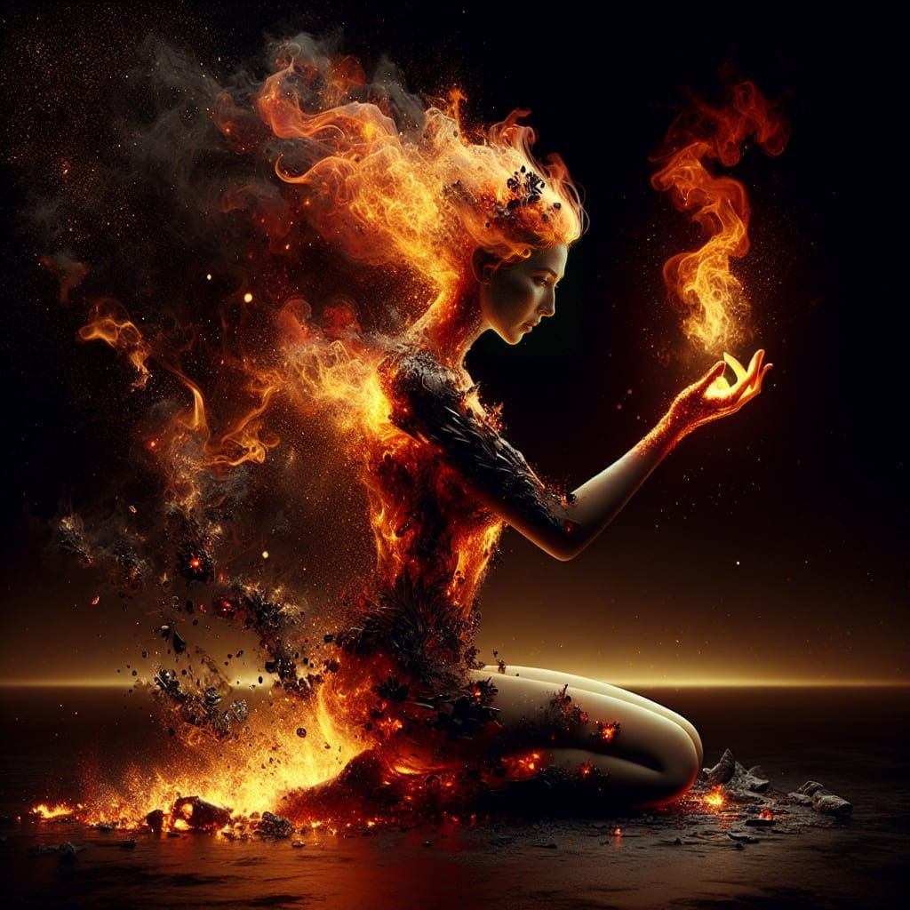 Hyperrealistic Digital Art of Disintegrating Fire Goddess