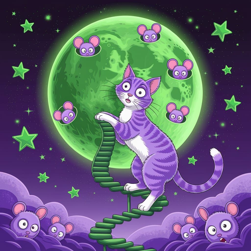 Whimsical Cat Climbing to a Glowing Green Moon
