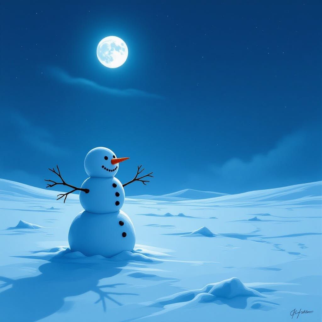 Lone Snowman in Moonlit Winter Landscape