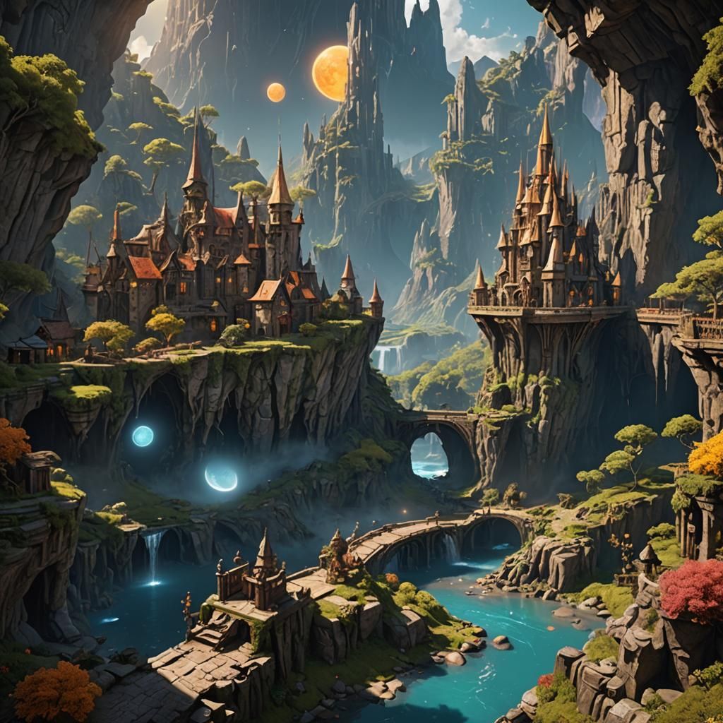 Alien Landscape with Two Moons, Fantasy Concept Art