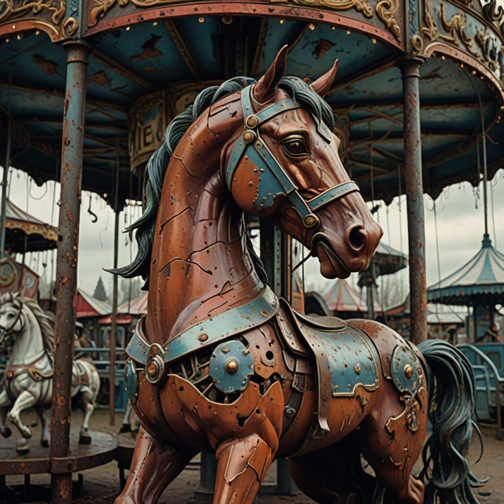 Rusted Carousel Horse in Dilapidated Park