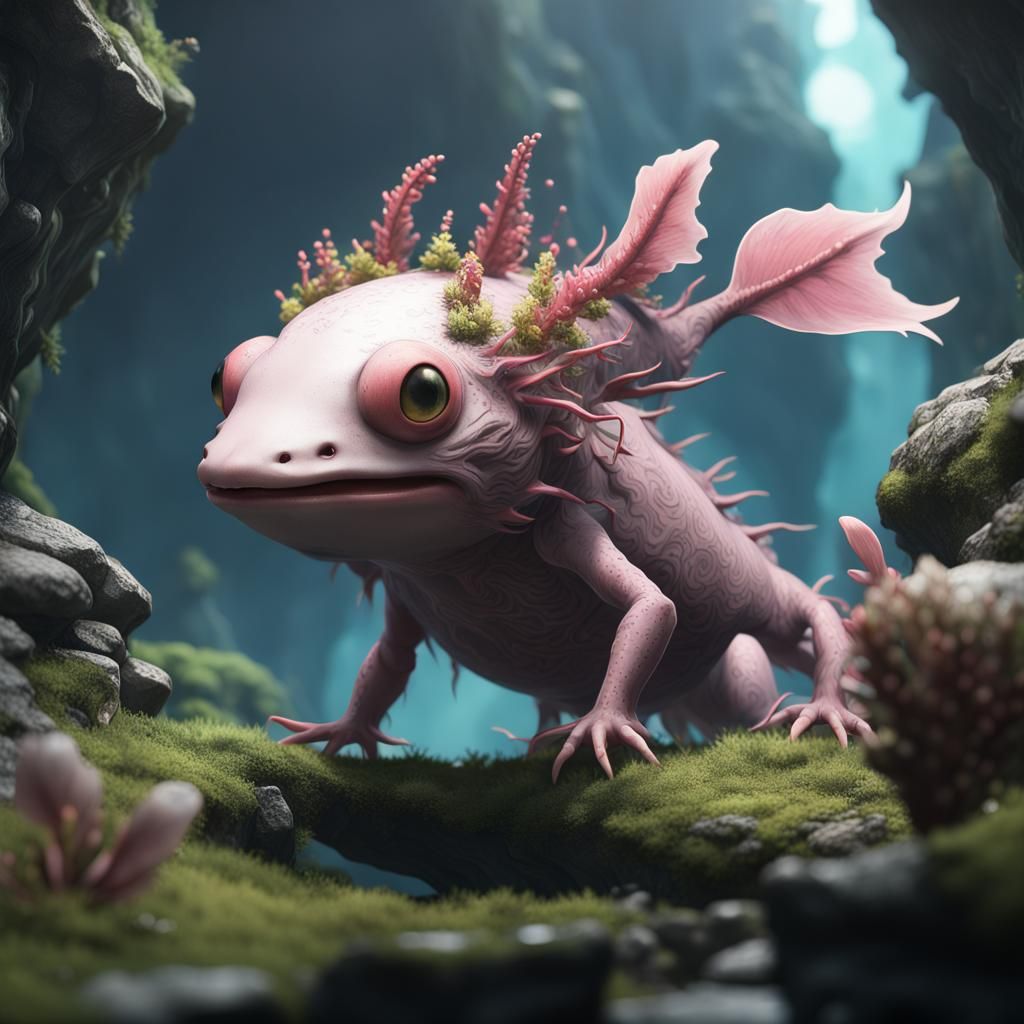 Fantastical Axolotl in Deep Color, Detailed Matte Painting