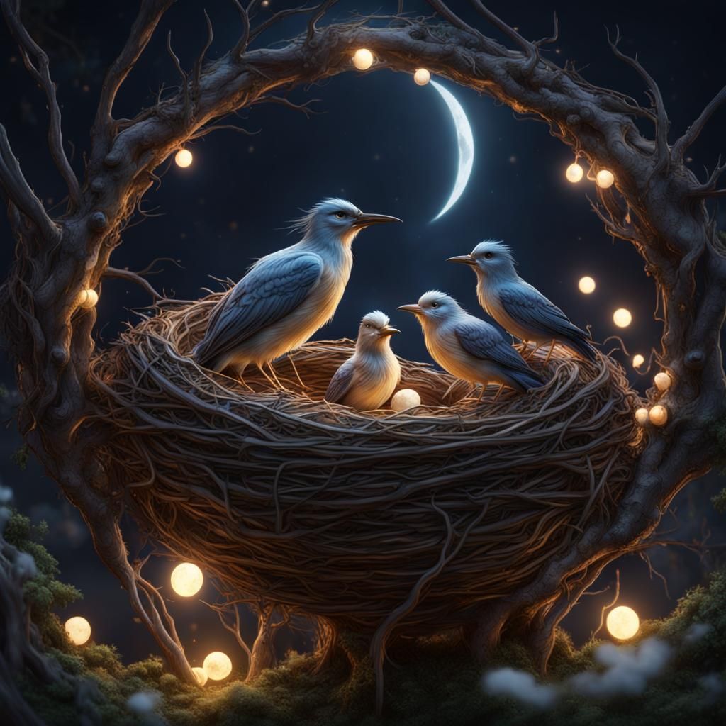 Magical Moon Bird Family: Detailed Fantasy Art