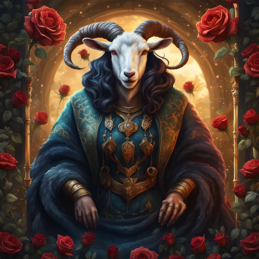 Full figured goat lady, high priestess tarot, roses