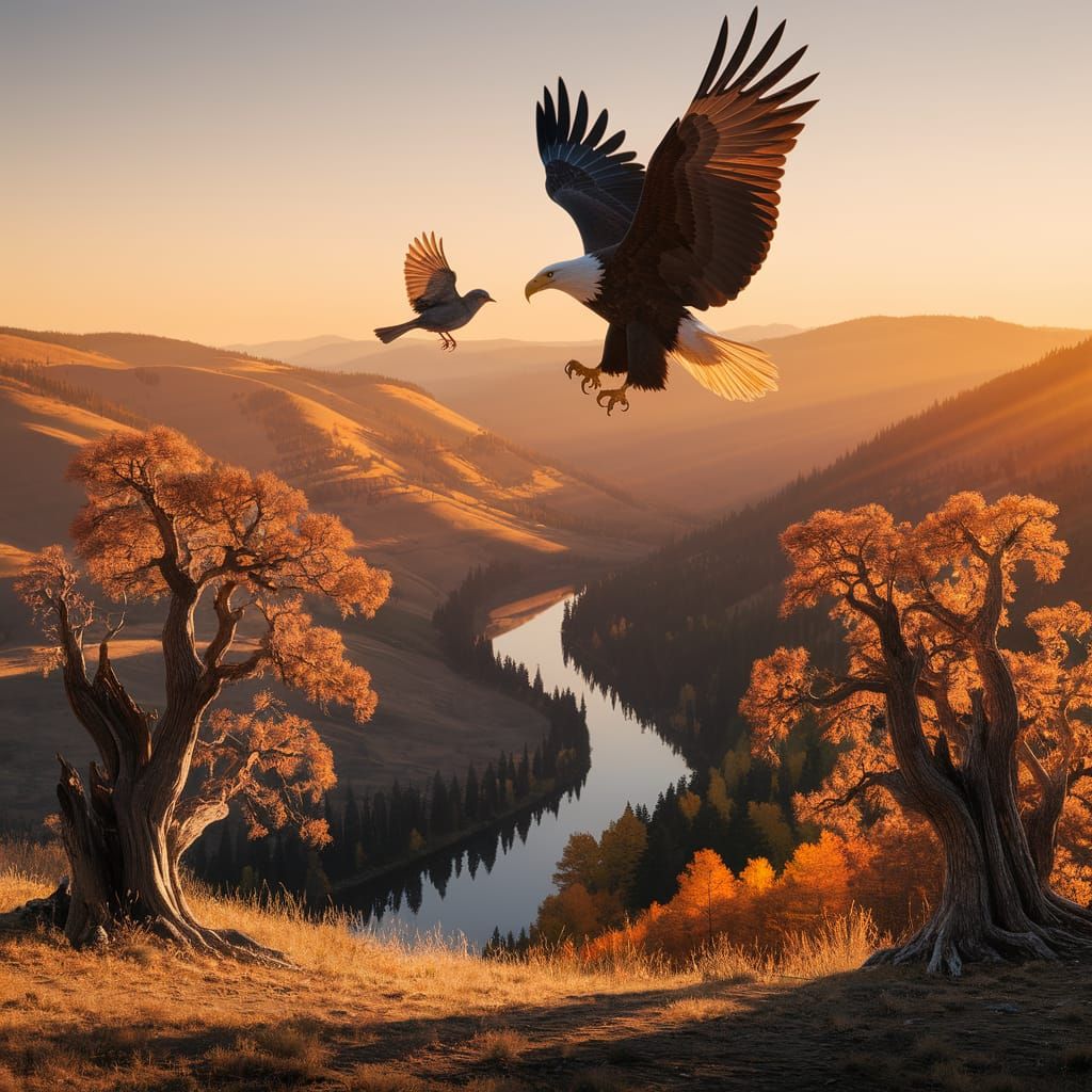 Eagle and Sparrow in Flight Over Sunlit Valley