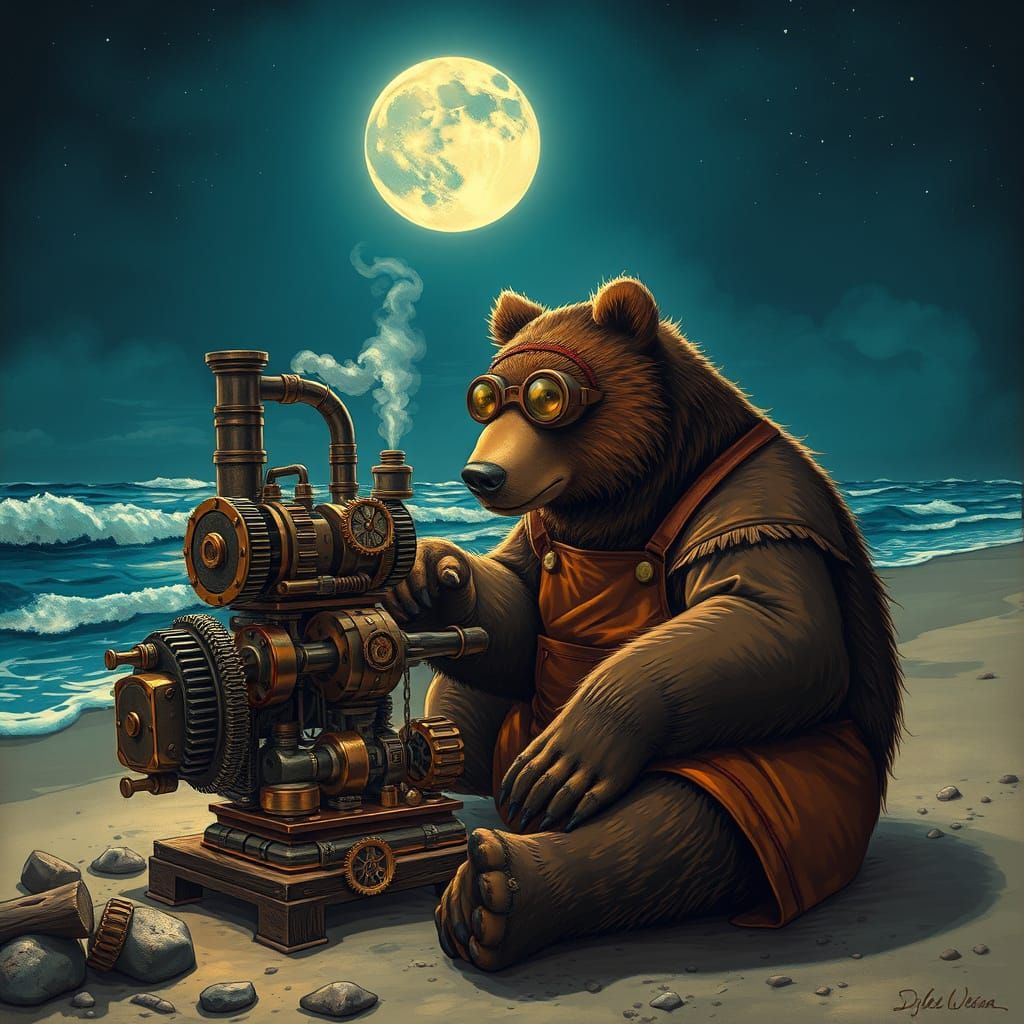 Steampunk Grizzly Bear Inventor on Moonlit Beach