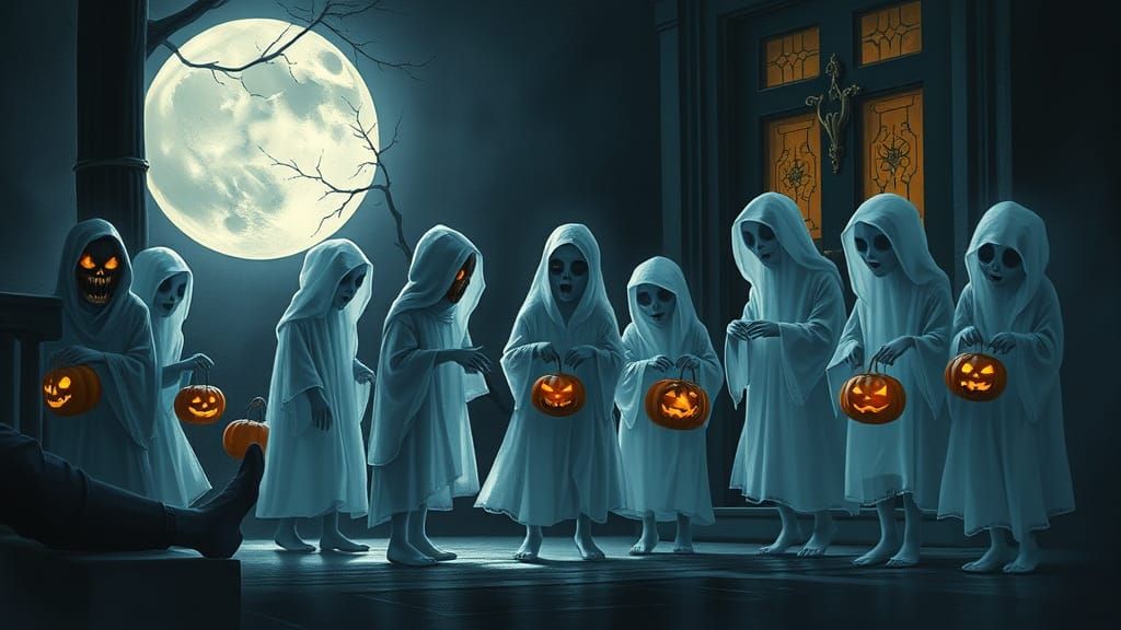 Ethereal Ghostly Trick-Or-Treaters on Moonlit Doorstep