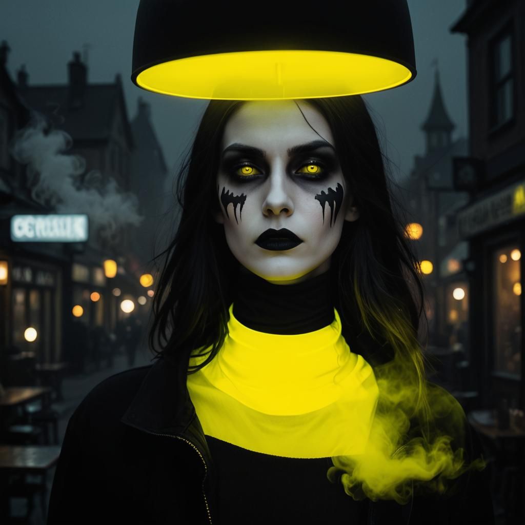 Goth Model in Neon-Lit Surreal, Expressionist Coffee Shop