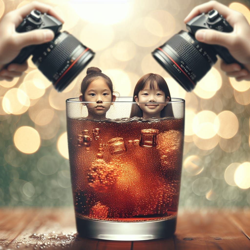 2 girls swimming in giant glass of Coca Cola