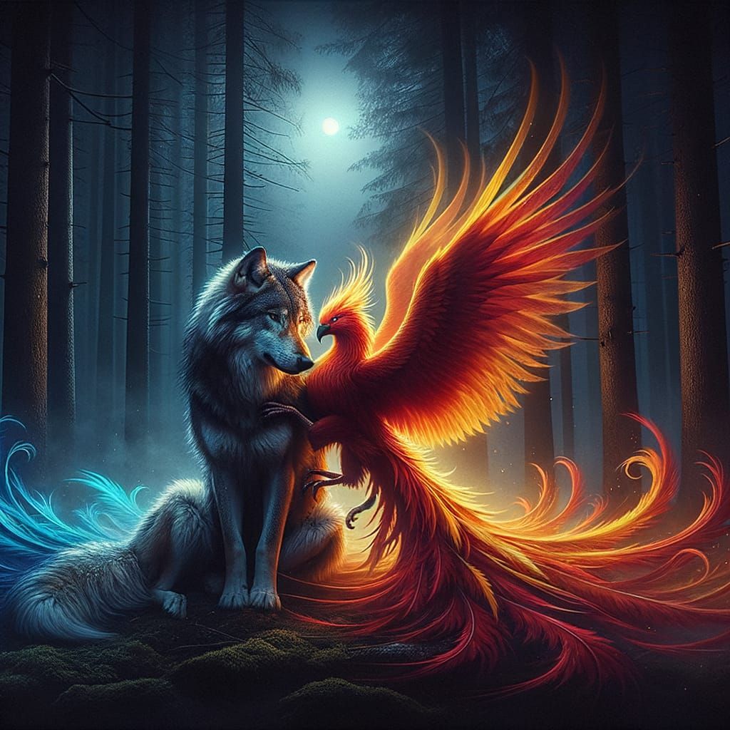 Wolf and Phoenix Embrace in Moonlit Forest