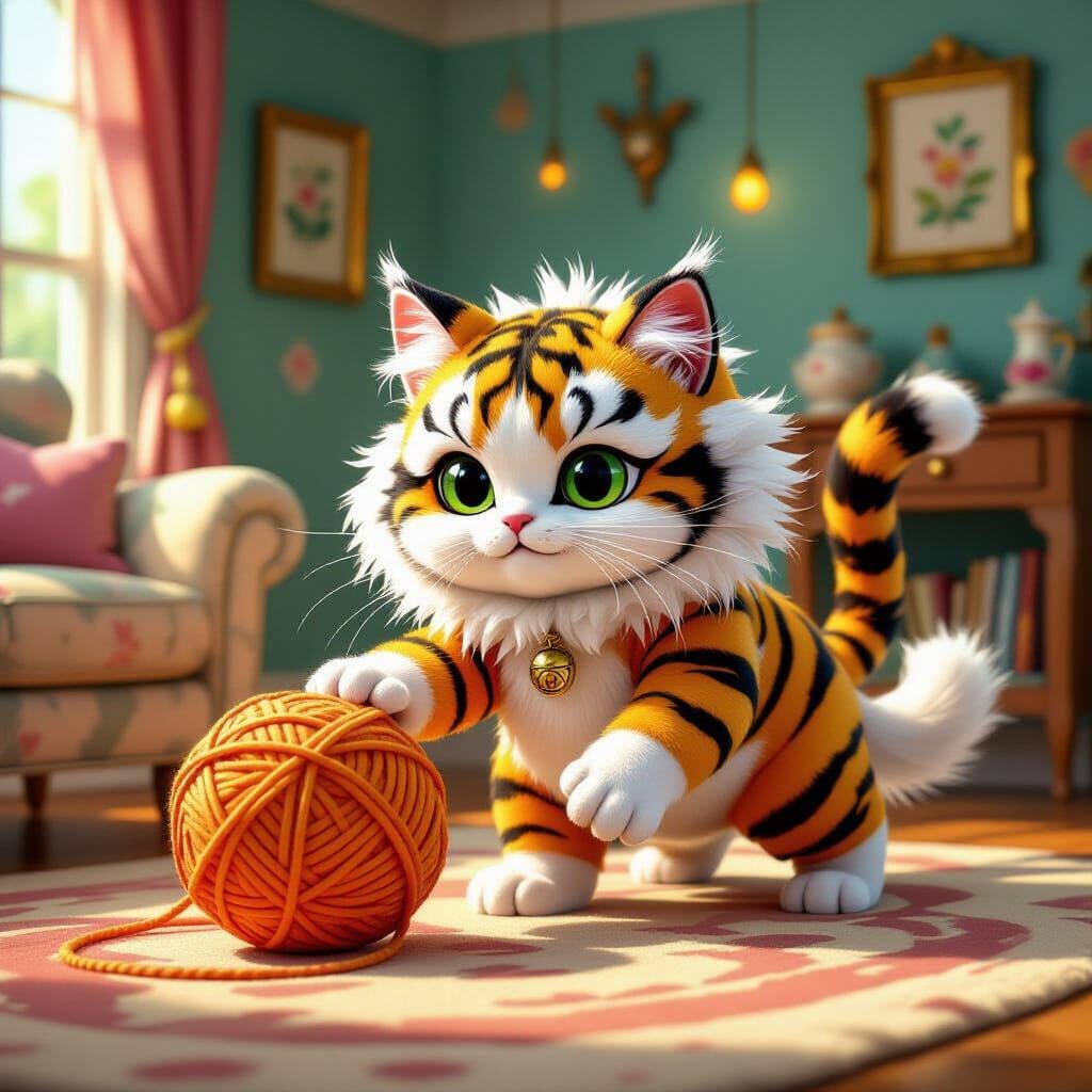 Fluffy Cat in Tiger Costume Stalks Giant Yarn Ball