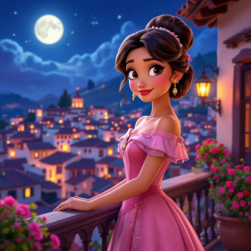 Dolores from Encanto on Balcony in Moonlit Village