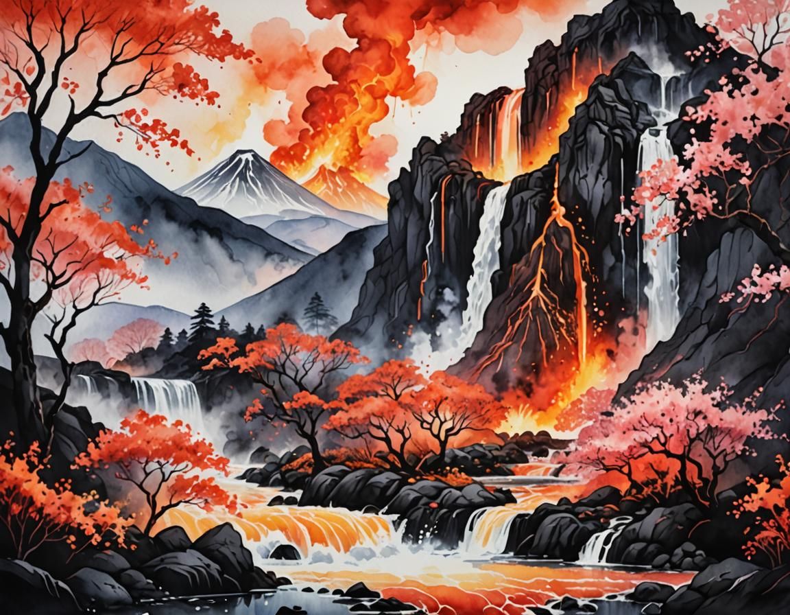 Erupting Volcano: Watercolor Lava Flow Landscape