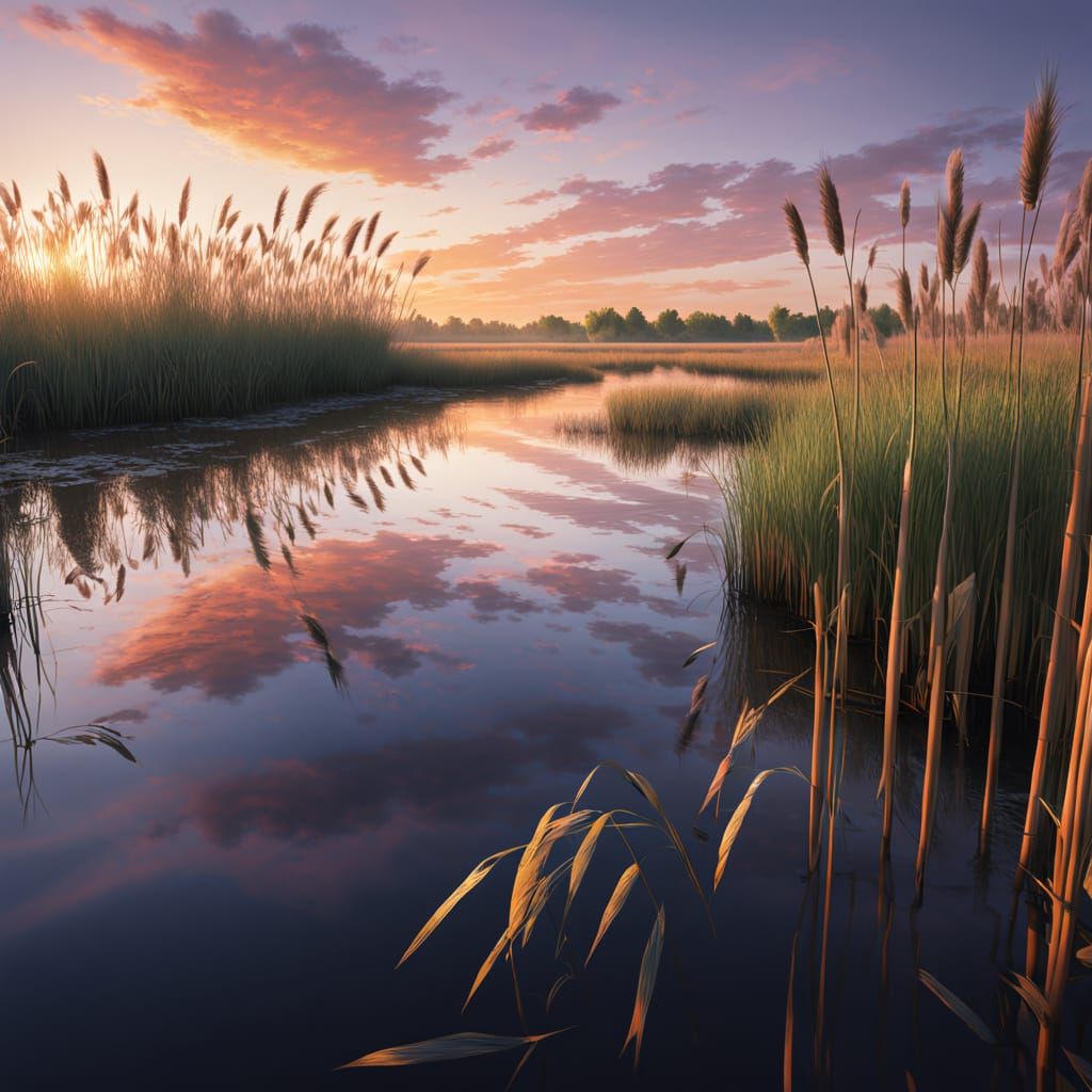 Serene Sunset Marshland in Cinematic Film Style