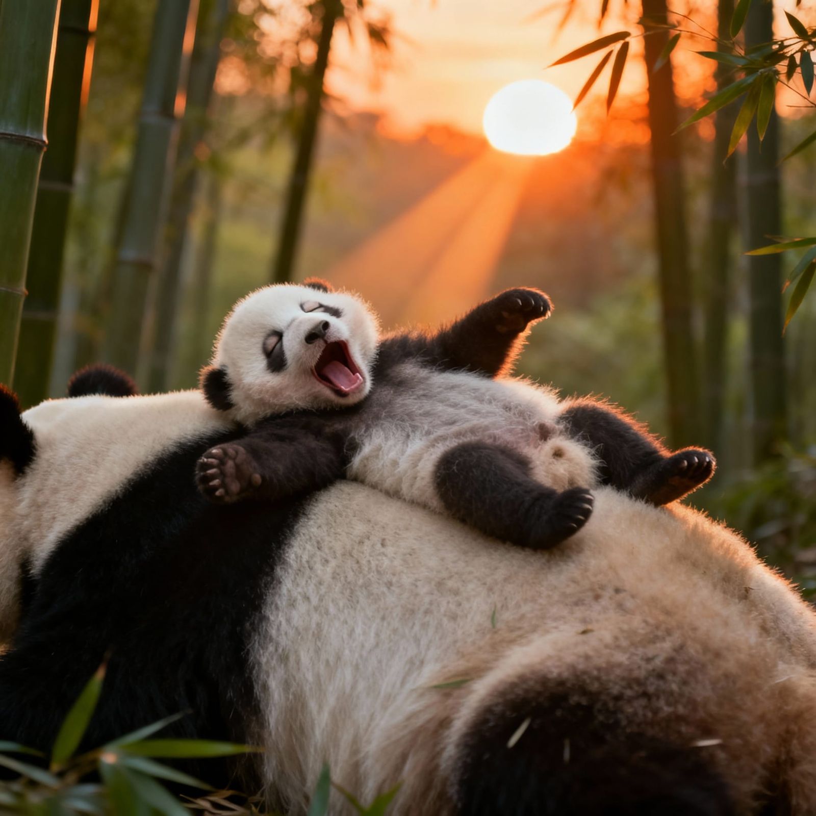 Adorable Baby Panda Yawns on Mom in Sunrise Bamboo Forest