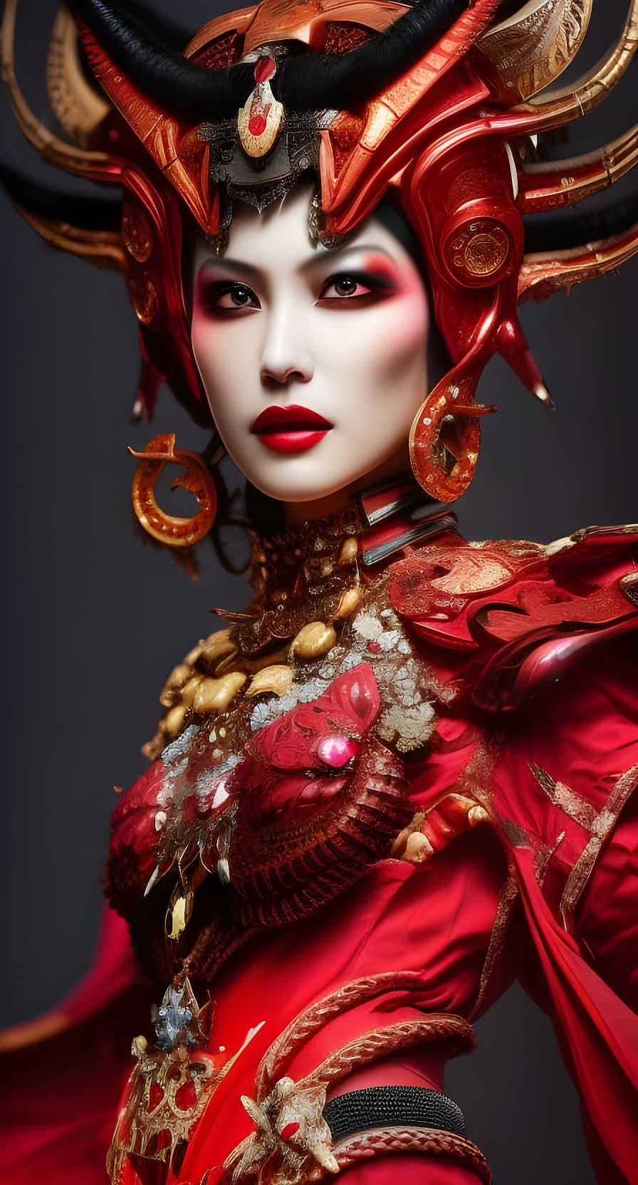 Crimson Horned Woman in Futuristic Helmet