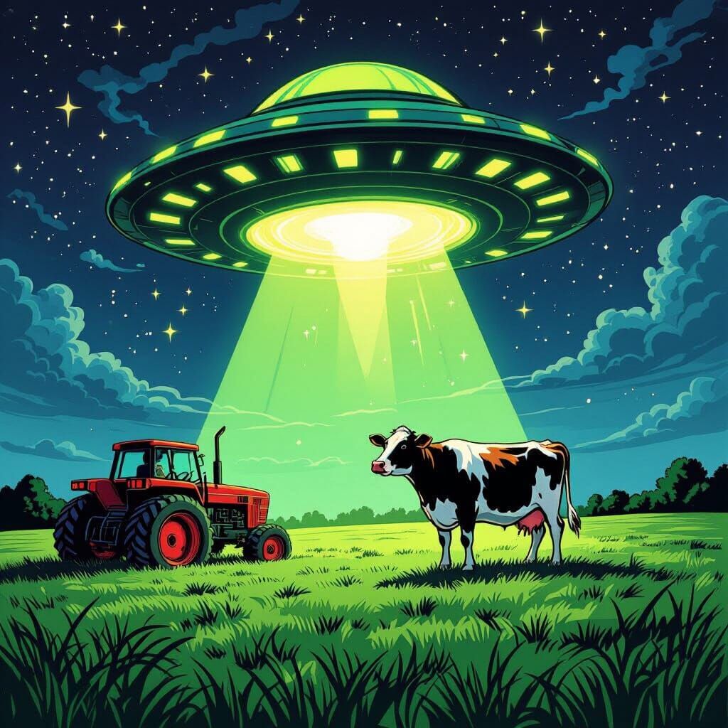 Alien Abduction Scene in Retro Sci-Fi Comic Style