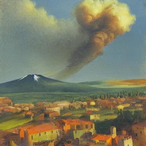 Medieval Syracuse with Erupting Etna, Impasto Painting