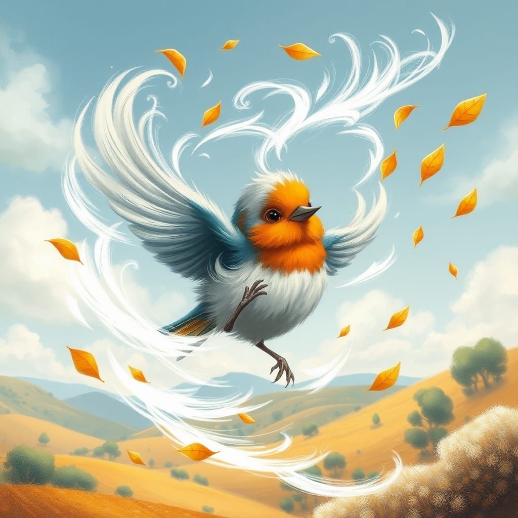 Fluffy Bird Struggles Against Wind, Folk-Art Illustration