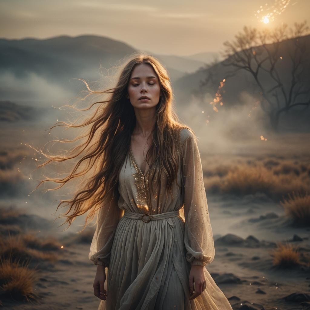 Ethereal Woman in Misty Landscape with Golden Light