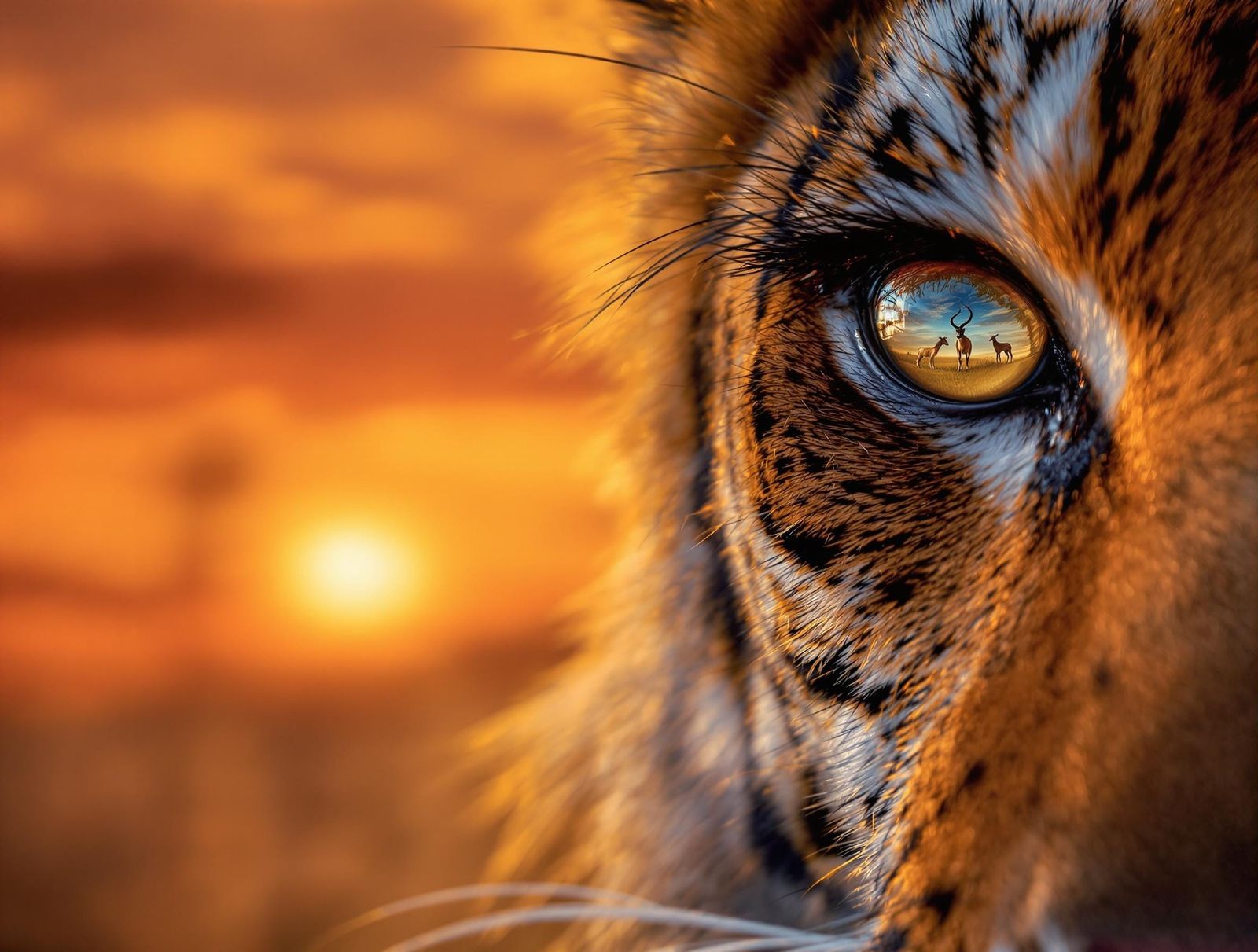 African Tiger's Gaze Reflects Savanna Sunset